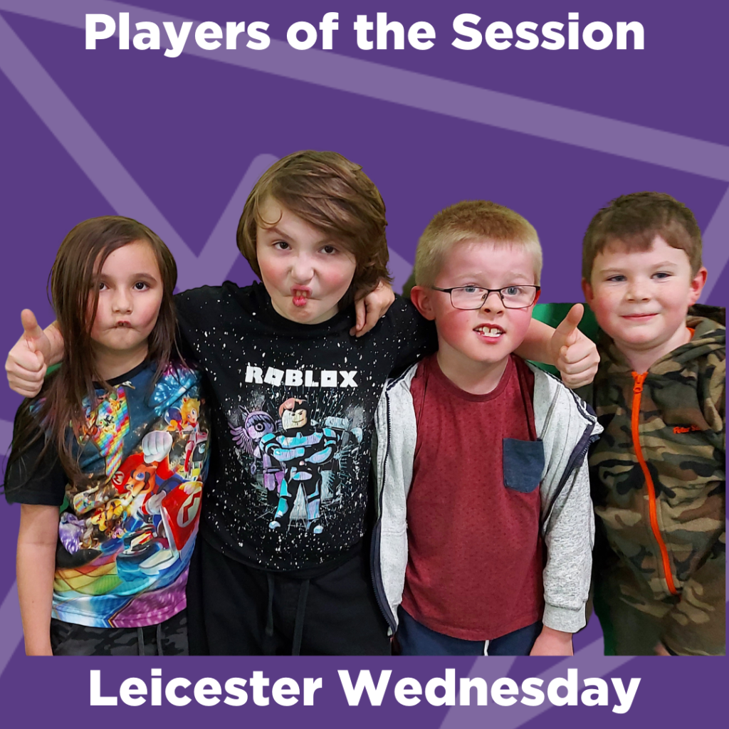 Four players celebrating being nominated player of the session after Active Future Leicester weekly dodgeball clubat Winstanley School, a specialist sports college in Blaby, Leicester.